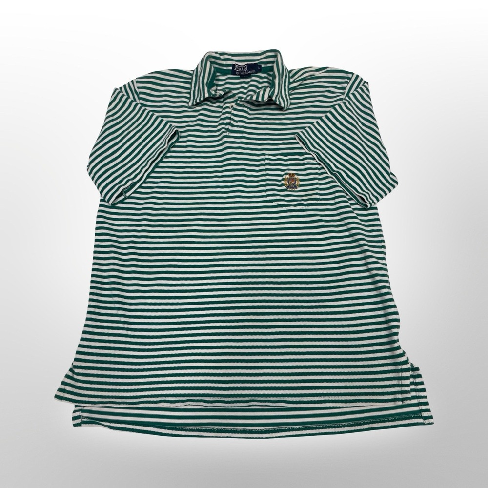 Polo by Ralph Lauren Striped Polo Shirt Green White Crest Logo Made in USA L